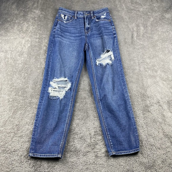 American Eagle Stretch Jeans Women 8 Short Blue Distressed Stretch Mom Straight - Picture 1 of 16